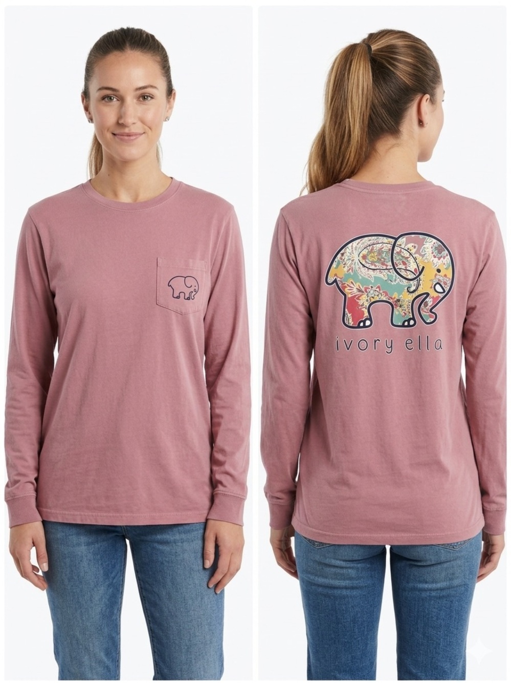 Ivory Ella Unisex Mauve Fable Paisley Elephant Long Sleeve Pocket Tee Sz Medium
